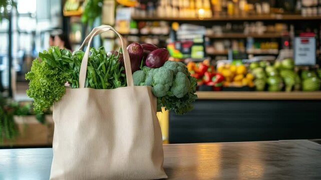 Eco friendly reusable shopping bag filled with fresh vegetables in grocery store
