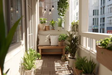 A cozy apartment balcony transformed into a lush garden with potted green plants, hanging greenery, and a small wooden bench, bathed in soft morning sunlight with city buildings in the background.