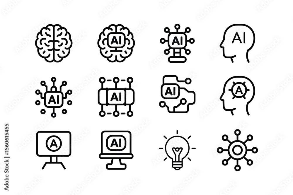 Fototapete artificial intelligence icons brain computer head circuit light bulb machine learning