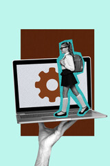 Vertical image 3d banner collage of happy preteen schoolgirl wear backpack walk laptop gearwheel...