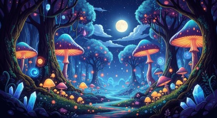 Enchanting bioluminescent mushroom forest under a magical moonlit night sky