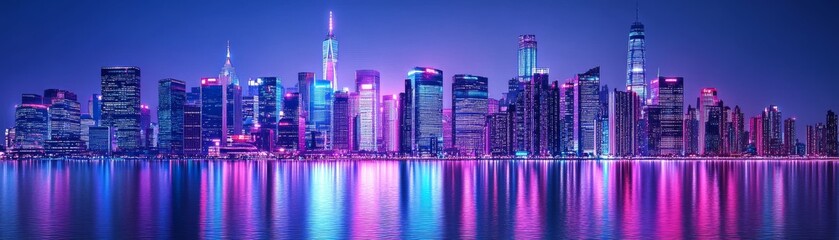 Fototapeta premium Neon Cityscape Reflection, Urban Night, Skyline ,City Lights