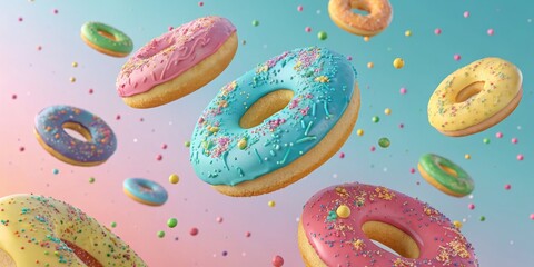 Floating Donuts 3D Render, Colorful Glazed, Sprinkles, Pastry, Sweet Treat, Dessert Donuts, 3D Rendering