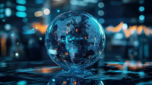 Financial data is displayed on a crystal ball, shows market trends, analyzes the market