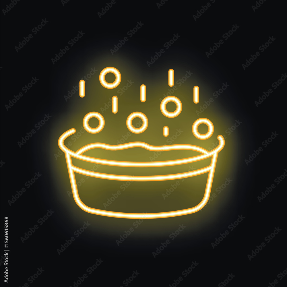 Poster neon yellow glowing binary code dropping into a bowl icon on a black background