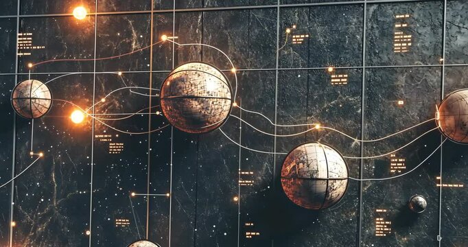 Glowing lines connect metallic planets on a dark tiled wall, visualizing space data.