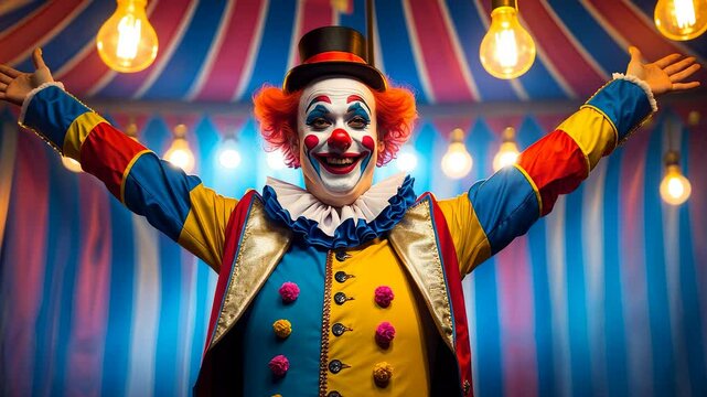 Cheerful Circus Clown in Colorful Costume with Top Hat and Makeup Standing Under Bright Lights Inside a Striped Tent

