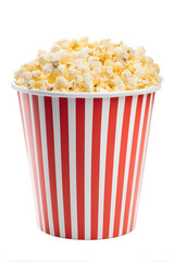 Classic striped popcorn bucket filled with popcorn &mdash; cinema icon isolated on white.
