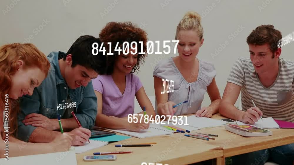Poster group of five students collaborating at table sharing pencil and smiling as code strings animating