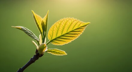 Golden Sunlight Illuminates New Spring Growth on a Branch with Delicate Water Droplets