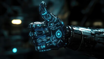 Cybernetic hand giving a thumbs-up gesture.  Dark, futuristic background