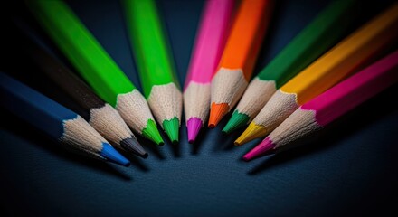 Fototapeta premium Bright Sharpened Colored Pencils Art School Supplies Drawing Mediums
