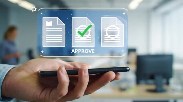 Document Approval on Smartphone AR Interface, Modern Office, Digital Workflow Automation