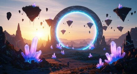 Sci Fi Landscape with Floating Islands and Crystal Formations Under a Neon Portal