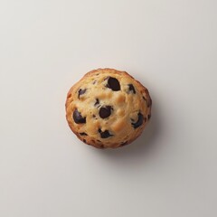 Single round chocolate chip muffin, top-down view.  Golden-brown muffin with dark chocolate chips, soft texture, on plain white background