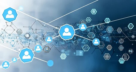 Abstract animation of network connections and user icons, symbolizing global communication and technology. - Powered by Adobe