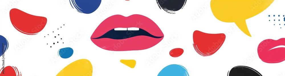 Poster abstract pattern of lips and speech bubbles in vibrant colors