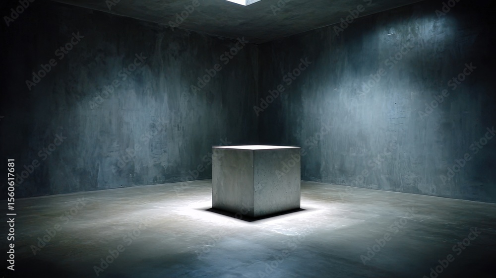 Poster grey cube standing alone in concrete room under a bright spot light shining from above