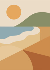 Beach art illustration. Vector for decoration, print, background. Geometric shapes of sun, sea, sky and sand