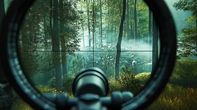 A sniper scope view of a forest with fog and trees, focusing on a distant figure.