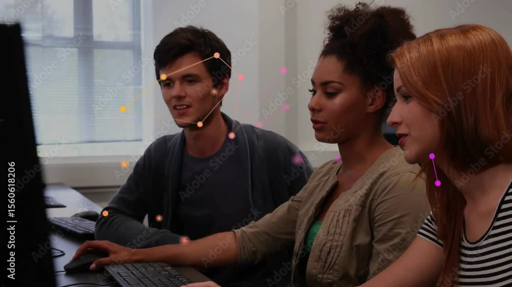 Poster three colleagues clicking mouse and typing at computer, spawning mesh across faces to analyze data