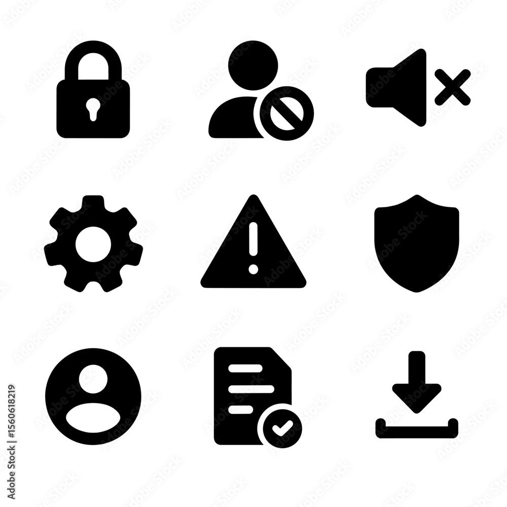 Poster privacy icons grid. solid, filled icon set of privacy and control settings: lock symbol, user block,
