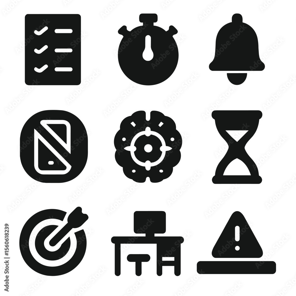 Poster productivity icon set. solid, filled icon set of productivity and concentration: task list, stopwatc