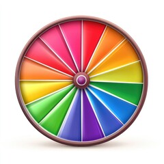 Obraz premium Colorful spinning wheel with 16 segments of various hues. A circular, 3D wheel, featuring vibrant, evenly-spaced segments of rainbow colors, is shown against a white background. 