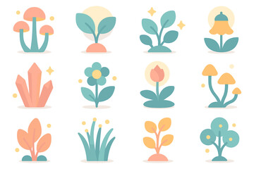 Flat nature icons vector illustration: floral and botanical symmetry for design projects