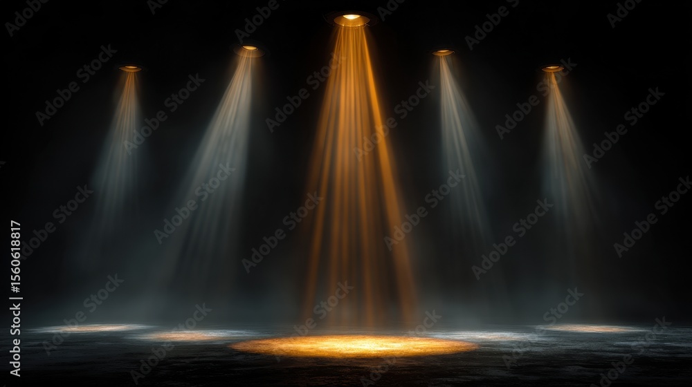 Poster radiant light beams penetrate the darkness and illuminate a misty surface below, creating a dramatic