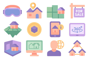 Real estate technology vector illustration: property icons in flat design for digital use and marketing