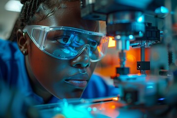 Focused scientist working with advanced machinery in a laboratory, showcasing innovation and futuristic technology.
