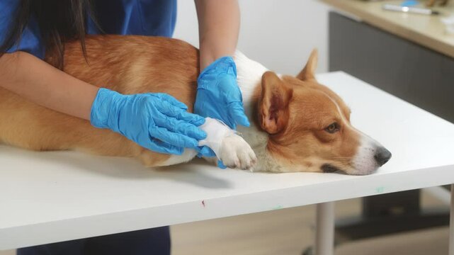 A young Asian female veterinarian gently examines a calm Corgi dog indoors at pet clinic, highlighting professional pet care, importance of regular health checkups and vaccinations like rabies shots.