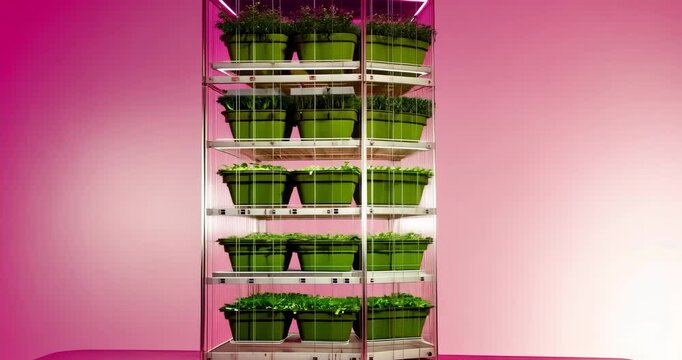 A vertical farm with lush green plants growing under LED lights in a transparent structure.