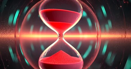 Red sand flows through an hourglass, symbolizing the passage of time against a vibrant, abstract background. - Powered by Adobe