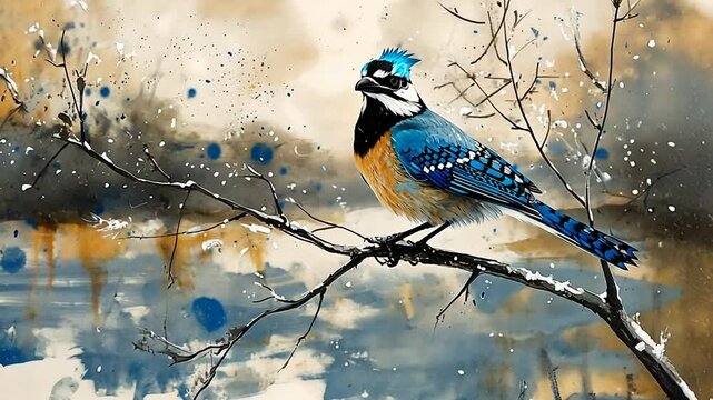 Watercolor painting of a blue jay perched on a bare branch, with a blurred, abstract background suggesting winter.