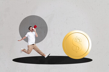 Banner pop contemporary photo collage of happy business partners girl guy stand dollar coin capital...