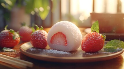 The outer layer of the strawberry daifuku is soft and chewy, with a generous filling