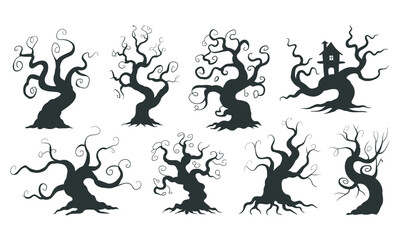 Halloween Tree Vector Collection, Spooky Silhouette Icons for Festival Decoration