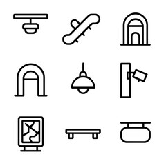 Fototapeta premium Public Transport Icons. Outline icon set of public transport station lights: platform canopy luminaire, escalator side light,