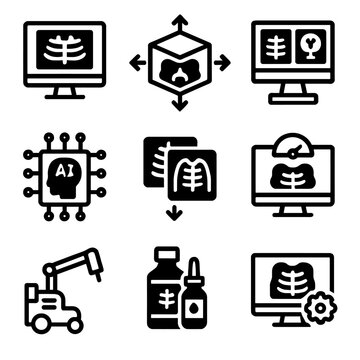 Radiology Icon Set. Solid, filled icon set of radiology technologies: digital radiography, 3D imaging, PACS system, AI diagnostics