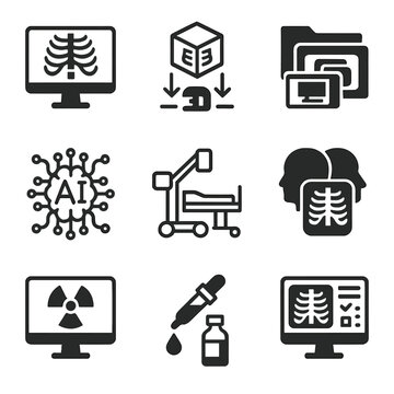 Radiology Icon Set. Solid, filled icon set of radiology technologies: digital radiography, 3D imaging, PACS system, AI diagnostics