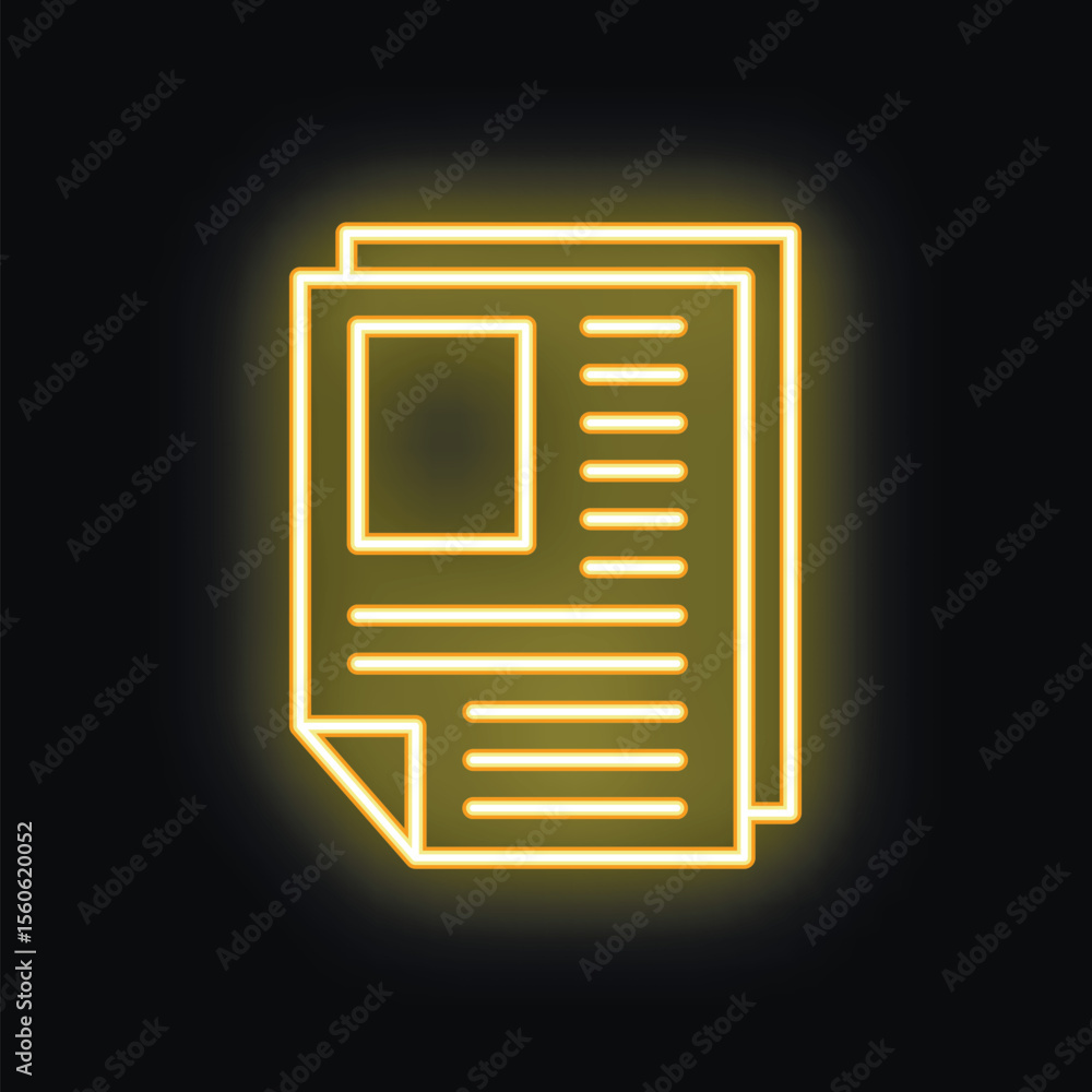 Poster neon yellow glowing symbol of a stack of papers with text and an image on a black background