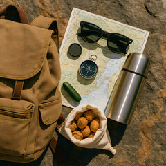 Flatlay of outdoor adventure gear: backpack, map, compass, thermos, sunglasses on rustic background, travel vibe.