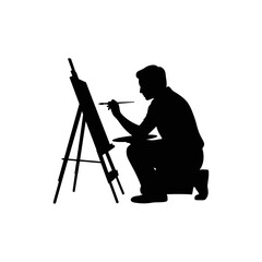 Artistic silhouette: Capturing the creative process of a silhouette, the artist is absorbed in his artistic work with an easel, brush and palette, immersed in the art world, creating a masterpiece.