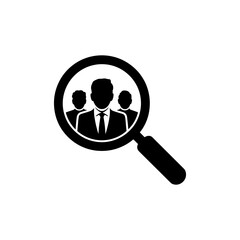 Magnifying People: A stark, high-contrast icon depicts a magnifying glass focused on a group of suited individuals, instantly conveying the core theme of talent search or investigation.