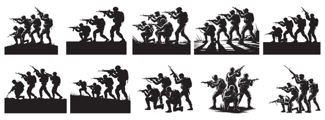 Soldiers advancing with rifles in silhouette military combat
