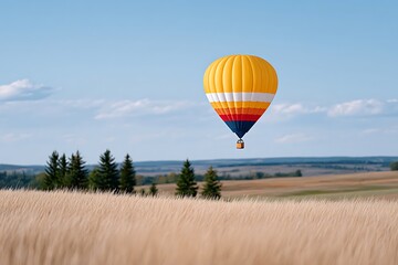 Obraz premium Hot air balloon floats above a golden field vibrant colors against the sky offer peace and adventure.