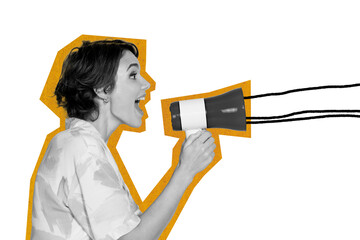 Sketch template design collage composite of young lady hand hold megaphone proclaim government...