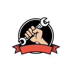 Hand and Wrench Emblem: A stylized emblem showcases a firm hand gripping a wrench within a circular frame, a blank banner beneath it. This represents a symbol of industry and mechanical skill.